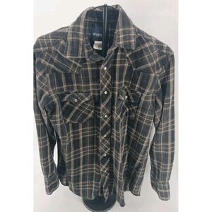 Wrangler Long Sleeve Pearl Snap Brown Plaid Flannel Sz- Med Western Rodeo Ranch